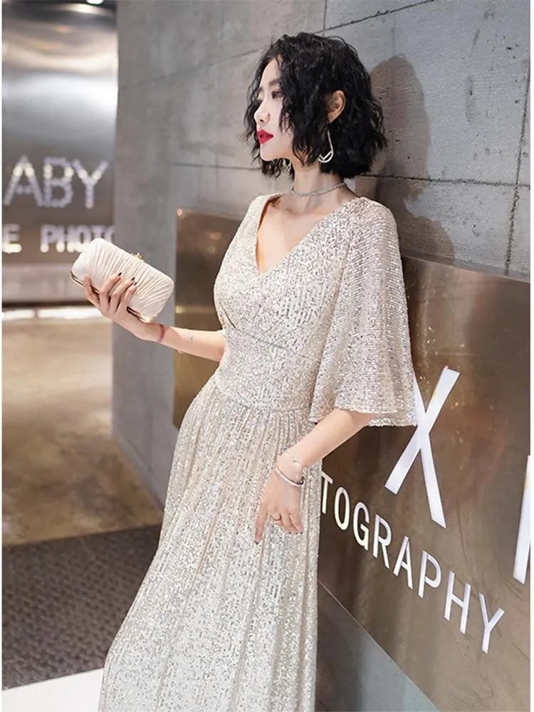 Evening Dress Long Pagoda Sleeve Sequin Formal Dress A-line V-neck Party Prom Dress High-Waist Elegant Robe De Soriee Champagne