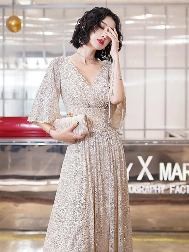 Evening Dress Long Pagoda Sleeve Sequin Formal Dress A-line V-neck Party Prom Dress High-Waist Elegant Robe De Soriee Champagne