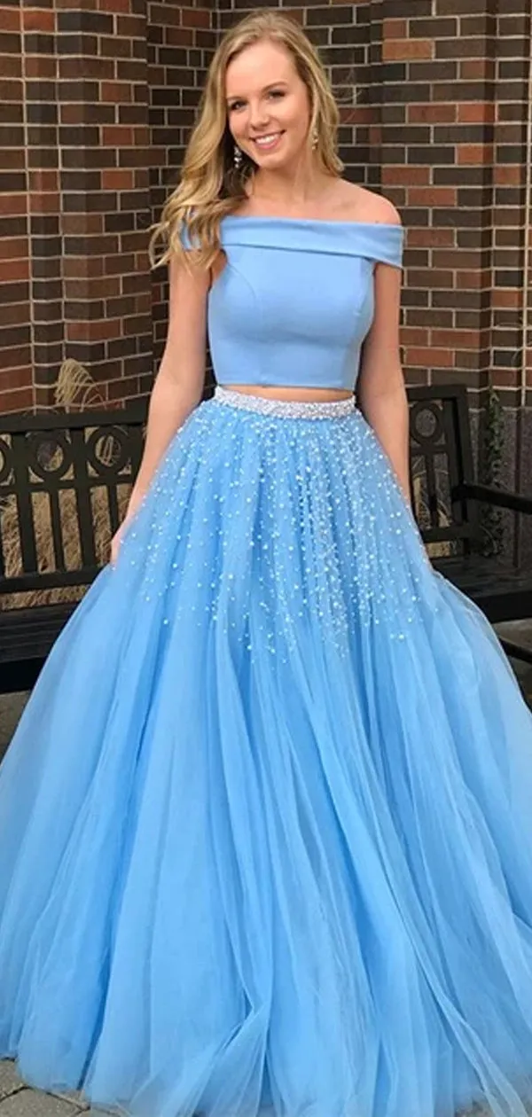 Fashion Blue Off Shoulder Two Piece Beaded Prom Gown Dresses ,DB0065