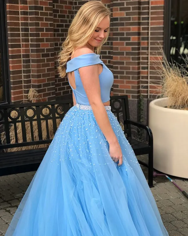 Fashion Blue Off Shoulder Two Piece Beaded Prom Gown Dresses ,DB0065