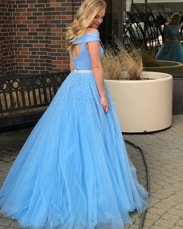 Fashion Blue Off Shoulder Two Piece Beaded Prom Gown Dresses ,DB0065