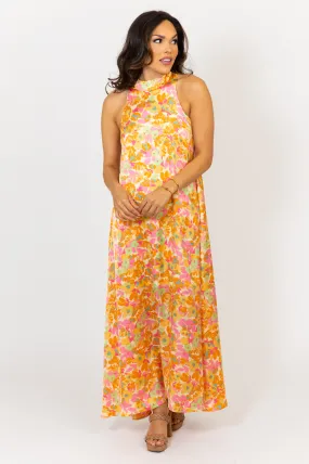 Floral Satin Halter Maxi Dress