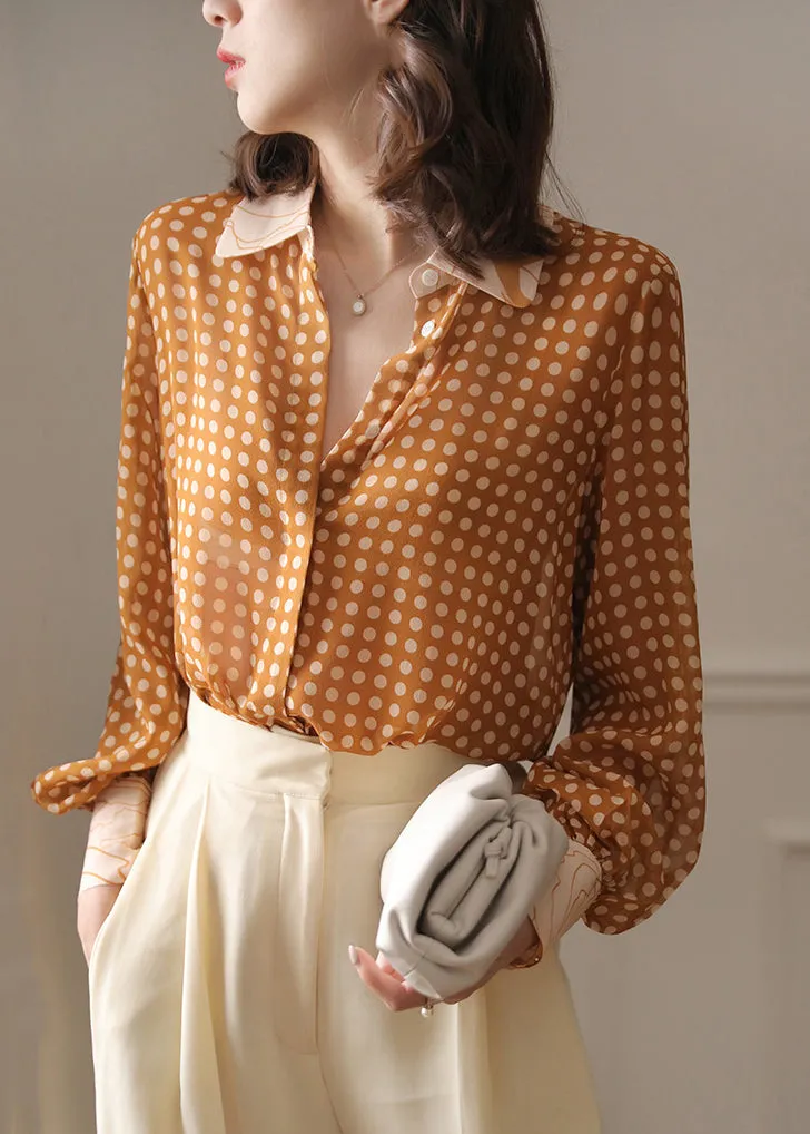 French Yellow Peter Pan Collar Dot Chiffon Blouse Spring AS1032