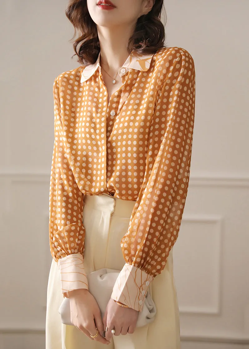 French Yellow Peter Pan Collar Dot Chiffon Blouse Spring AS1032