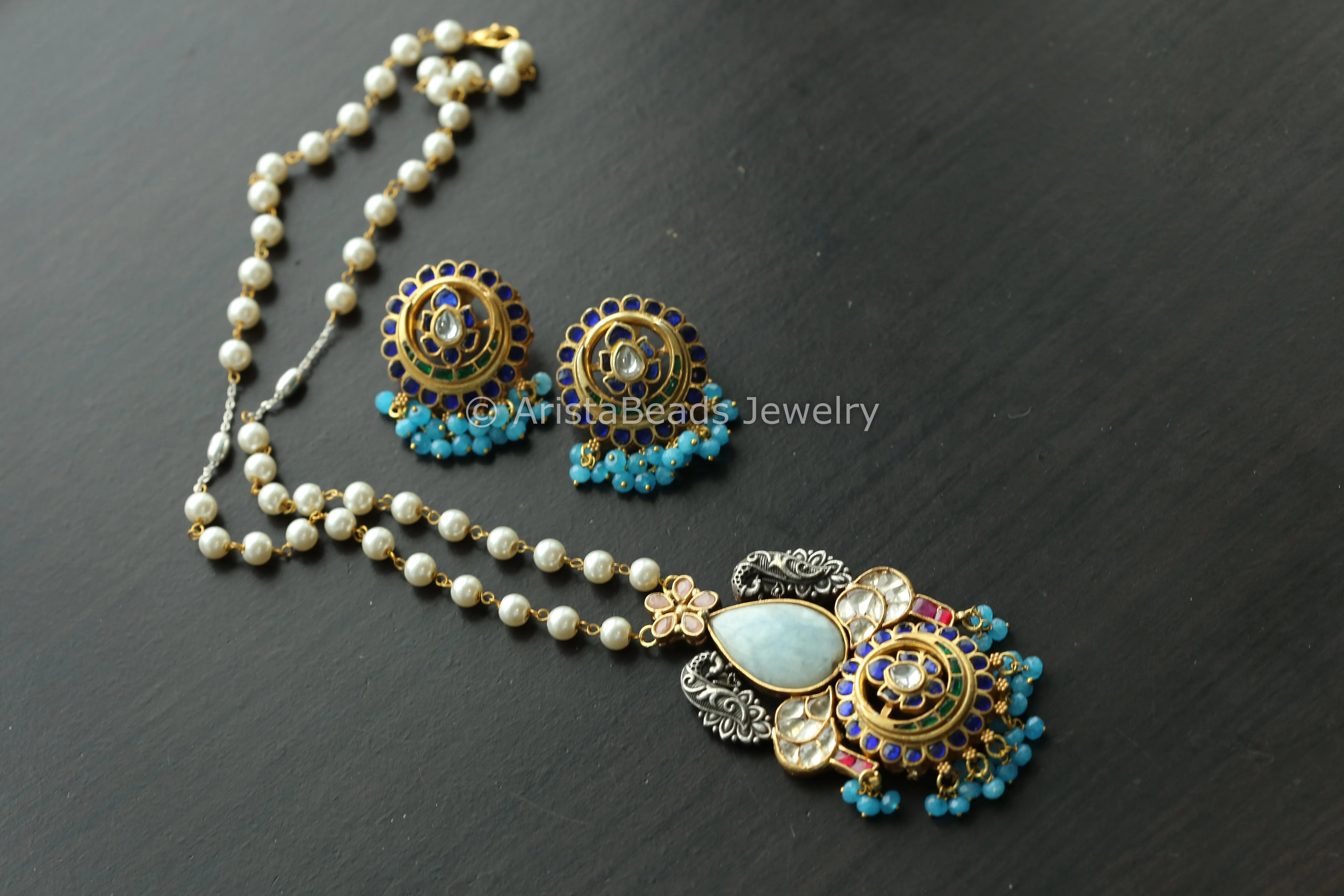 Fusion Blue Jadau Kundan Necklace -Larimar