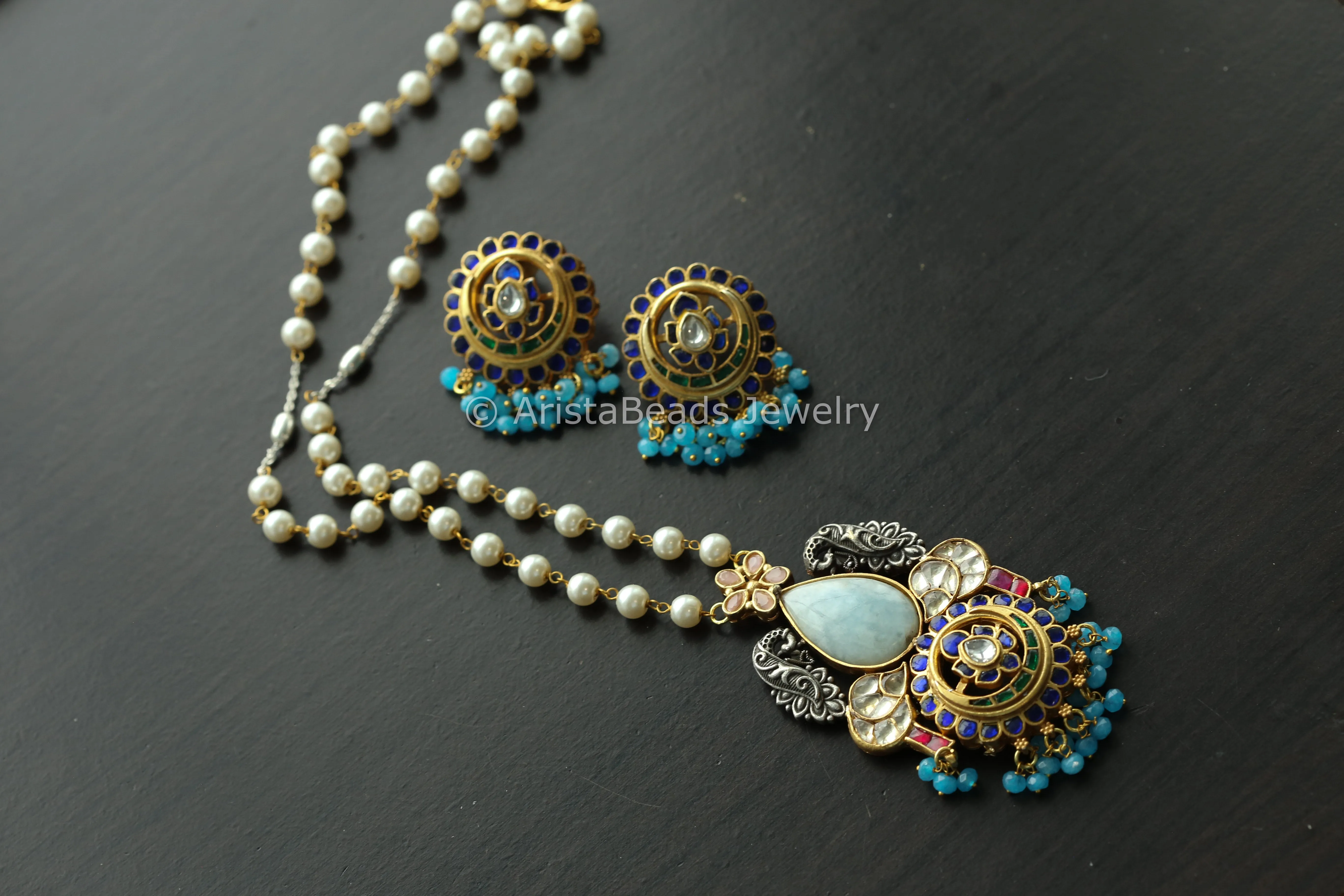 Fusion Blue Jadau Kundan Necklace -Larimar