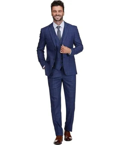 Gino Vitale Men's Slim Fit 3-Piece Blue Navy Windowpane Plaid Suit