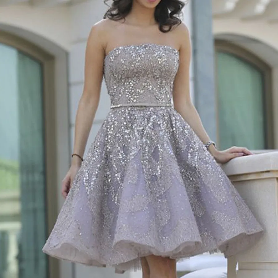 Gorgeous A-line Grey Spaghetti Sash Floral Prints Strapless Organza Homecoming Dress,BD00151