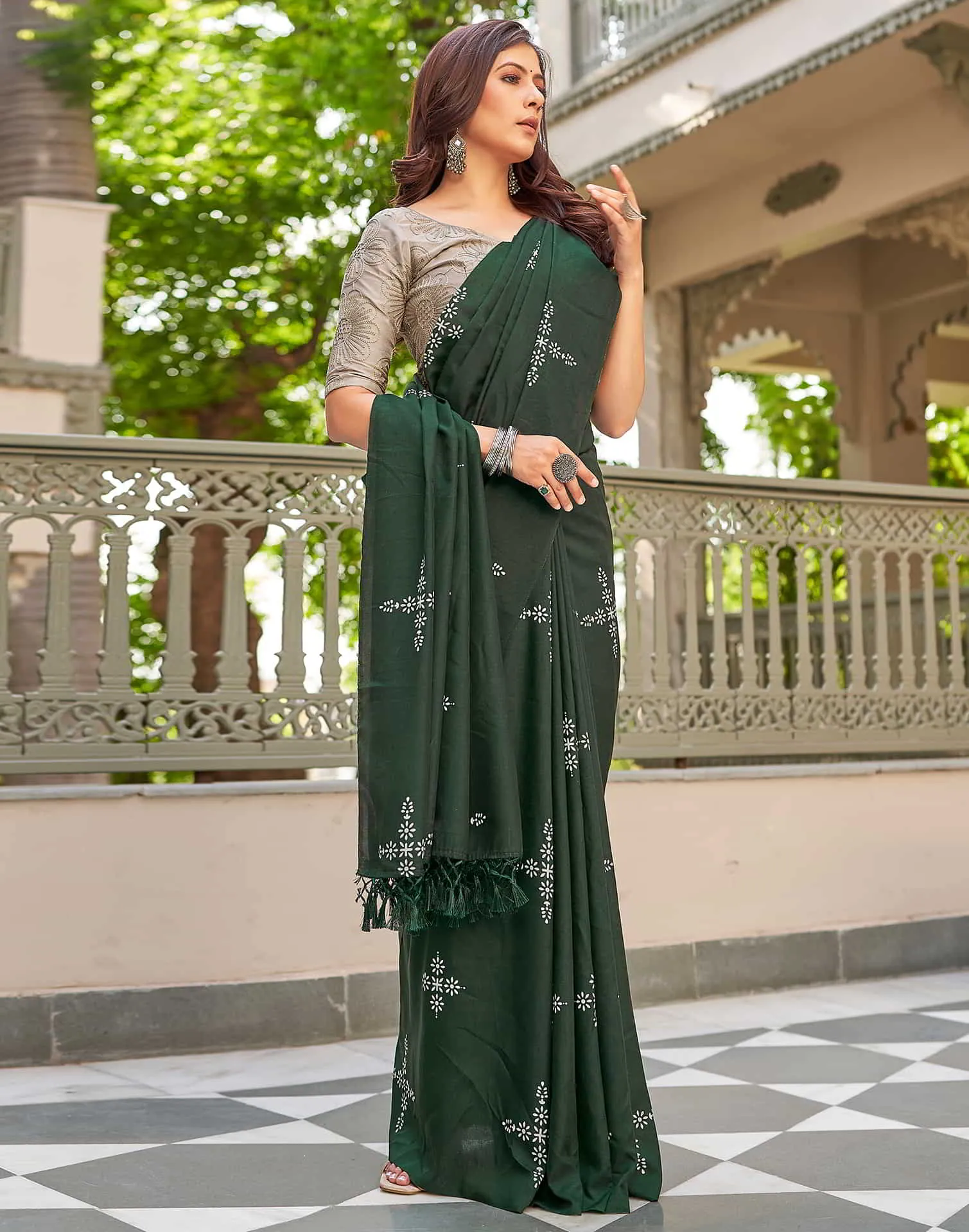 Green Printed Cotton Saree