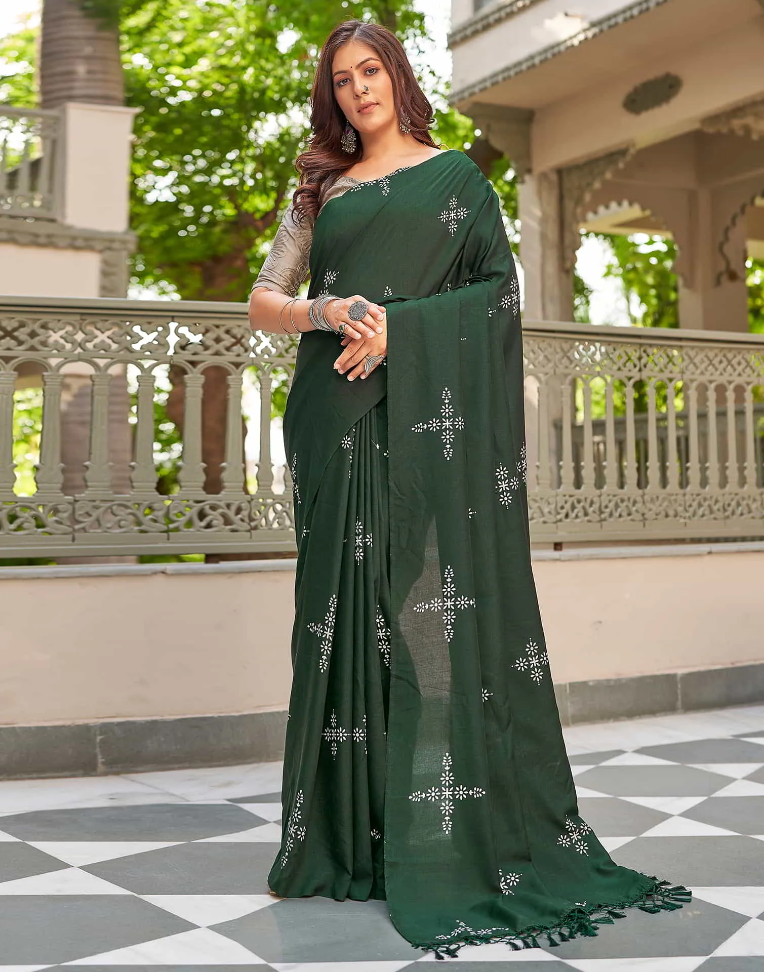 Green Printed Cotton Saree