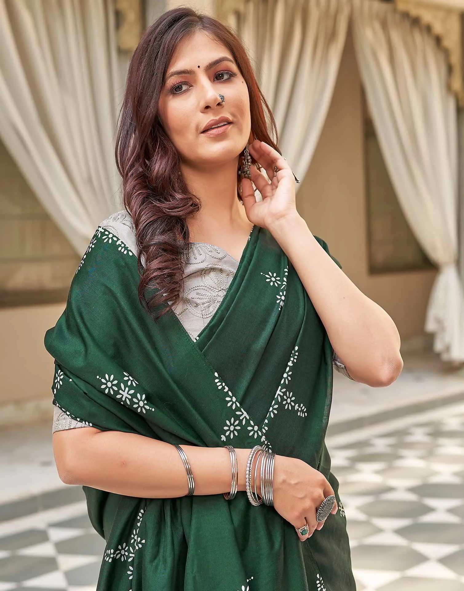 Green Printed Cotton Saree