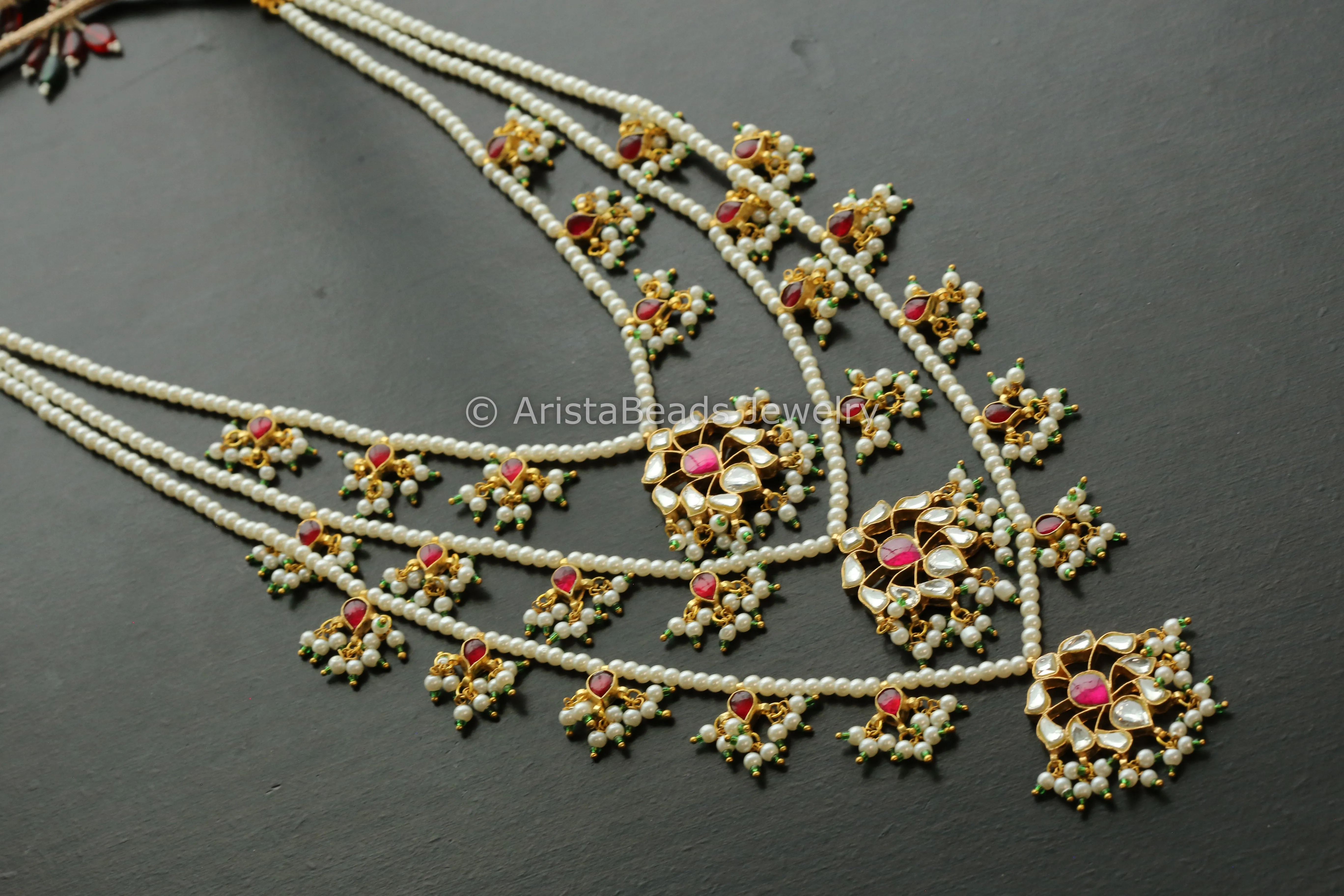 Handmade Kundan 3 Line Necklace -Ruby