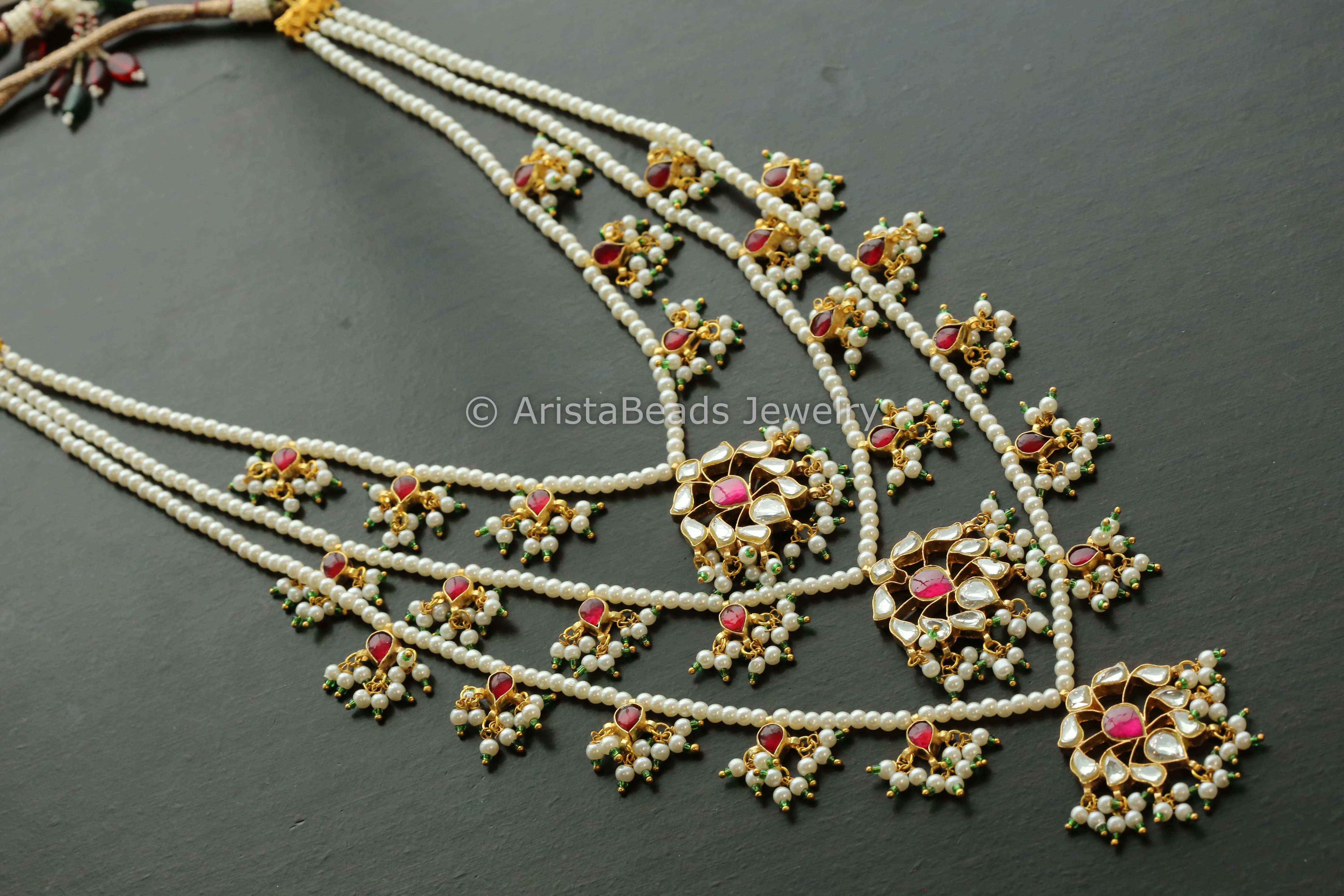 Handmade Kundan 3 Line Necklace -Ruby