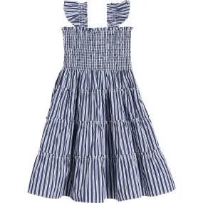 Hill House Home Girls Tiny Ellie Striped Ruffle Shoulder Tiered Nap Dress, Navy