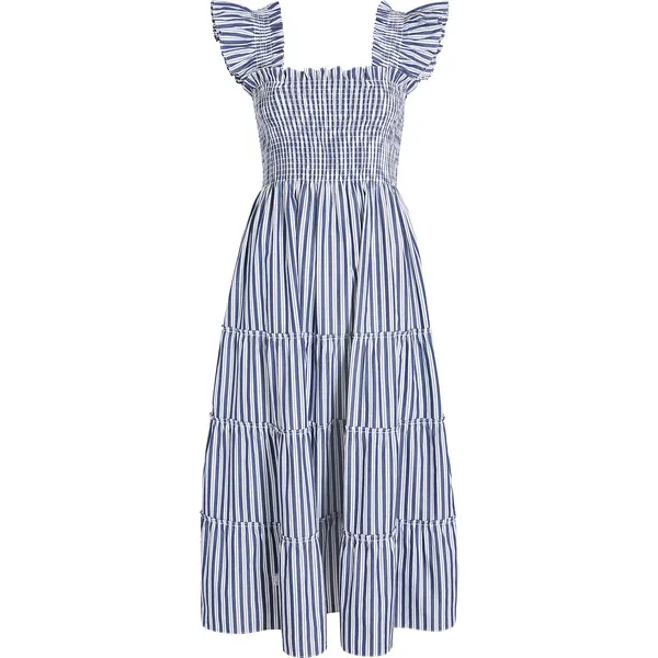 Hill House Home Women's Ellie Striped Ruffled Shoulder Tiered Nap Dress, Navy