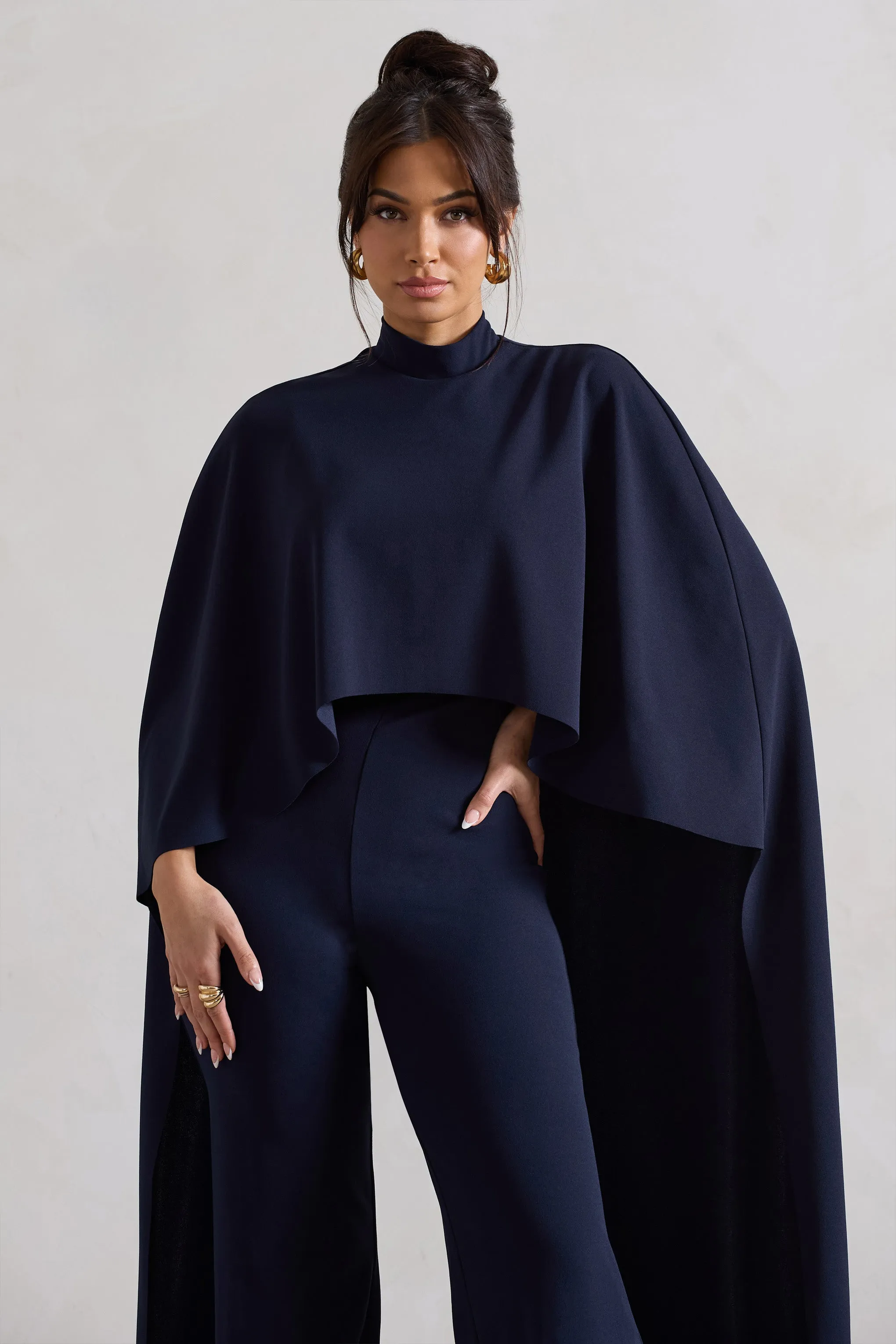 Indra | Navy High-Neck Wide-Leg Cape Jumpsuit