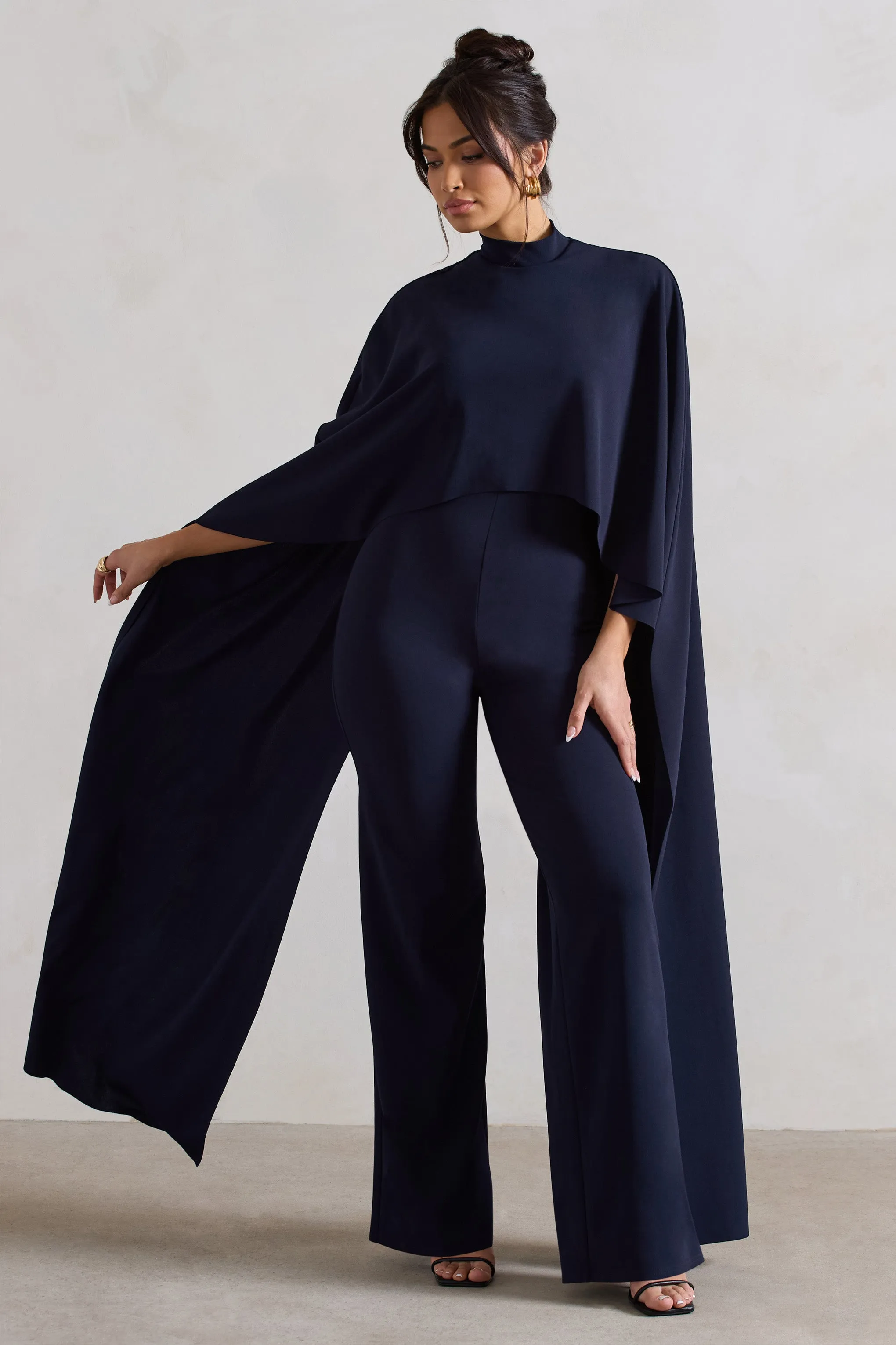 Indra | Navy High-Neck Wide-Leg Cape Jumpsuit