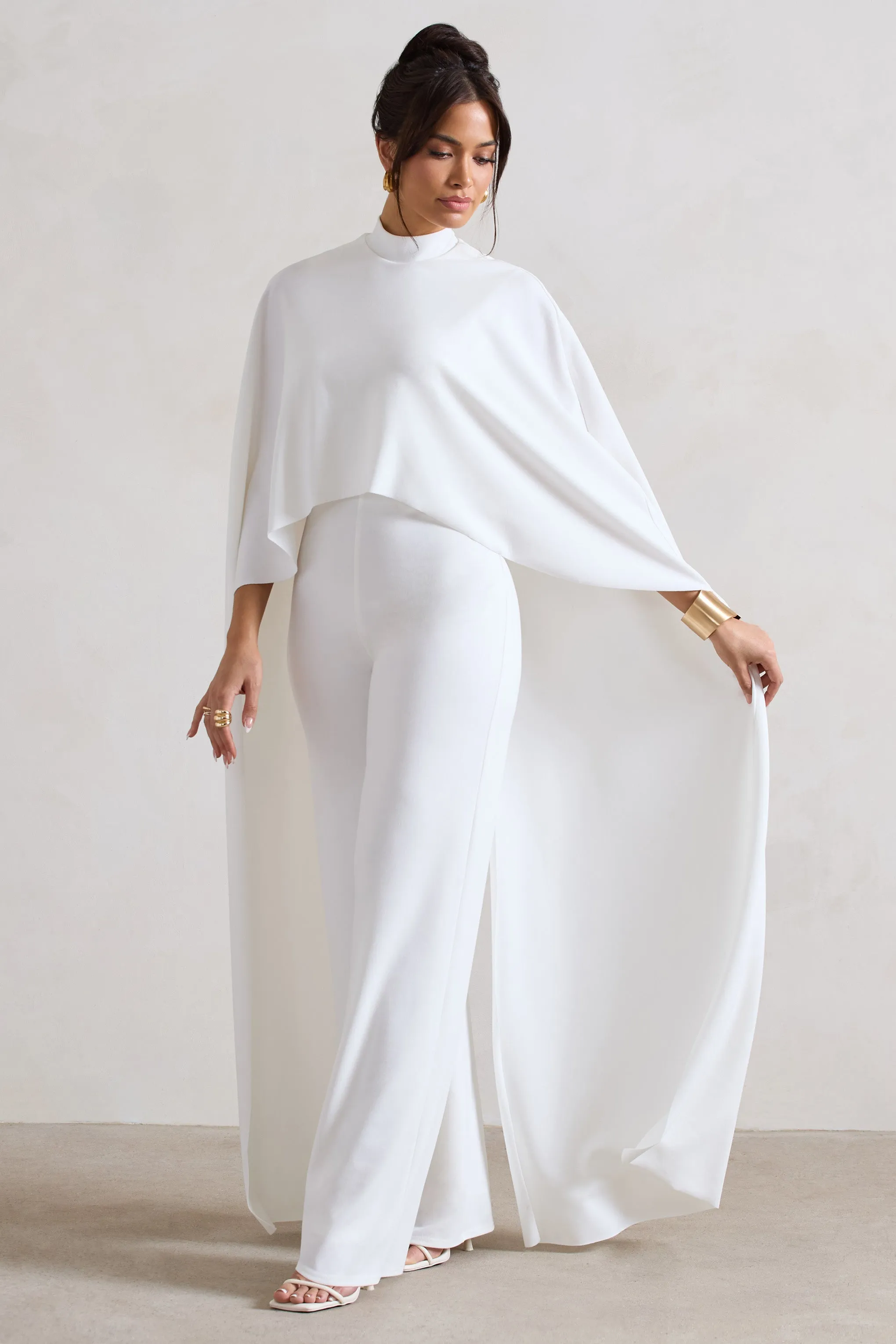 Indra | White High-Neck Wide-Leg Cape Jumpsuit