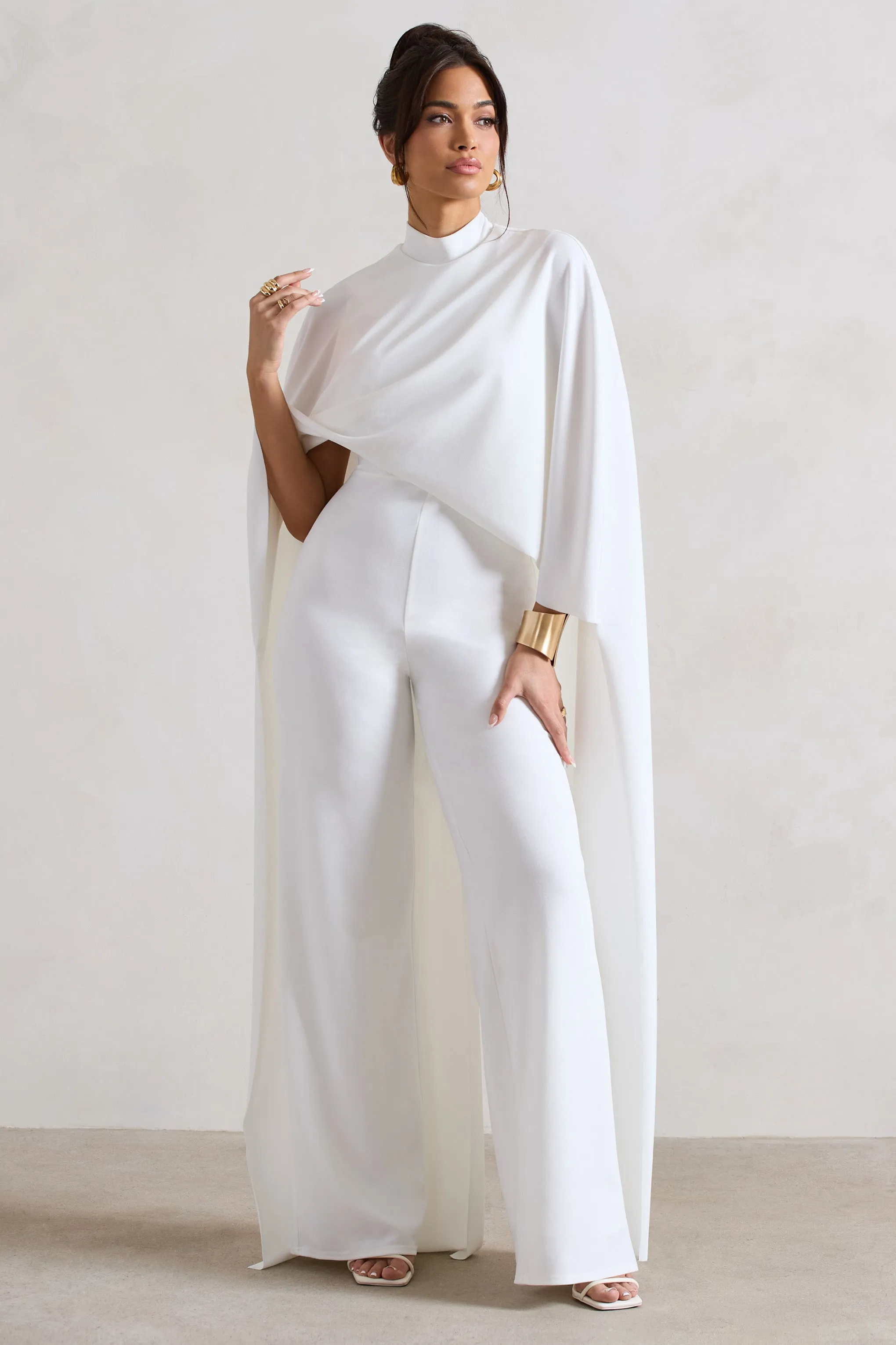 Indra | White High-Neck Wide-Leg Cape Jumpsuit