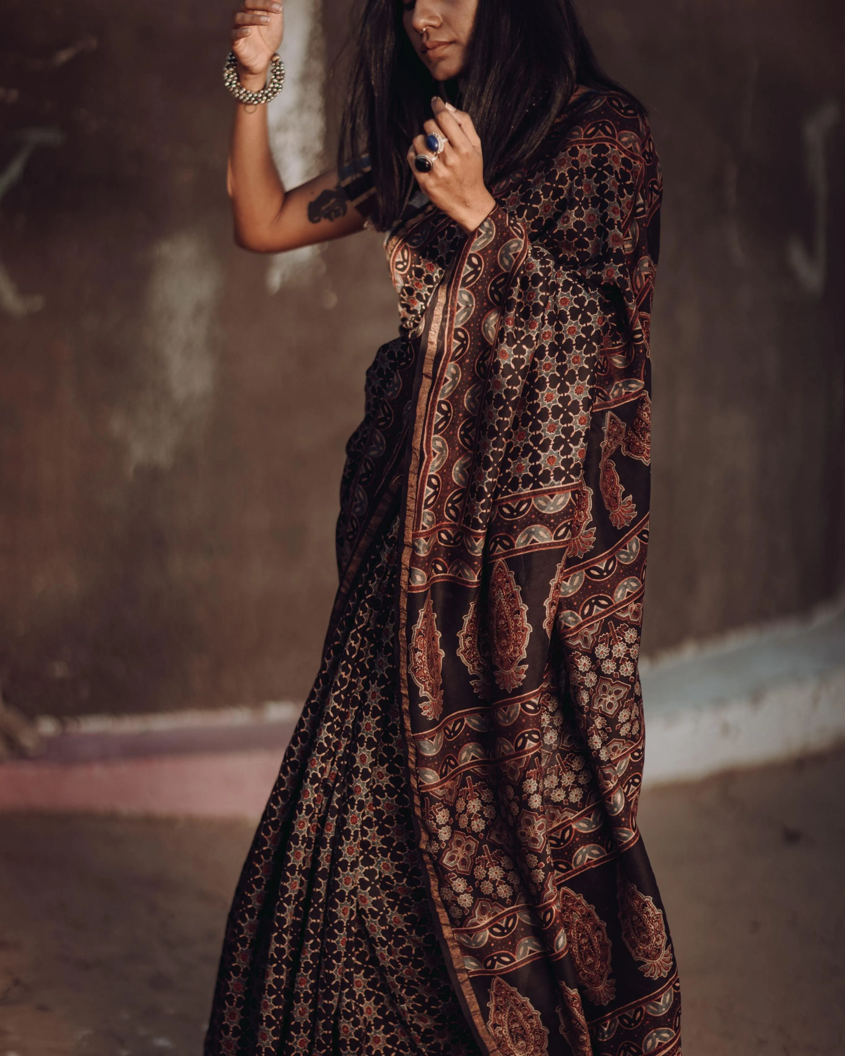 Jharokha -Black silk cotton Ajrakh handblockprinted saree