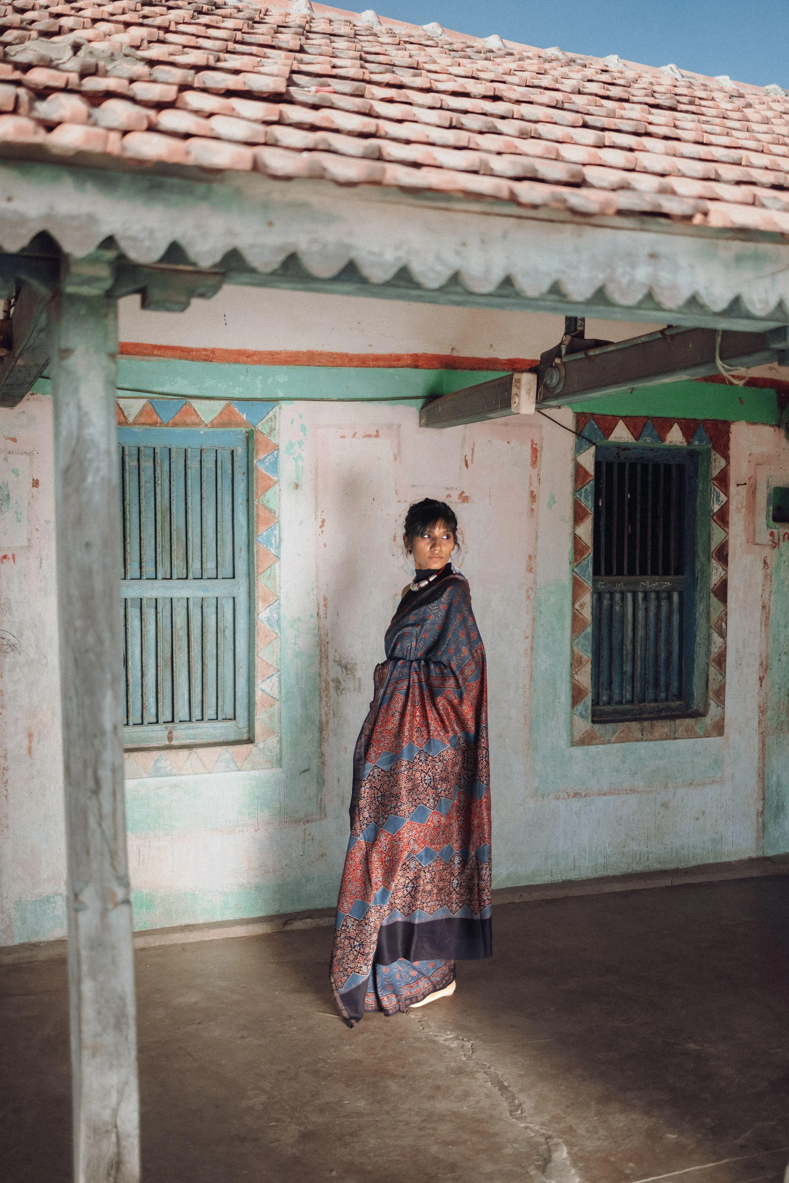 Jharokha -Indigo silk cotton Ajrakh handblockprinted saree