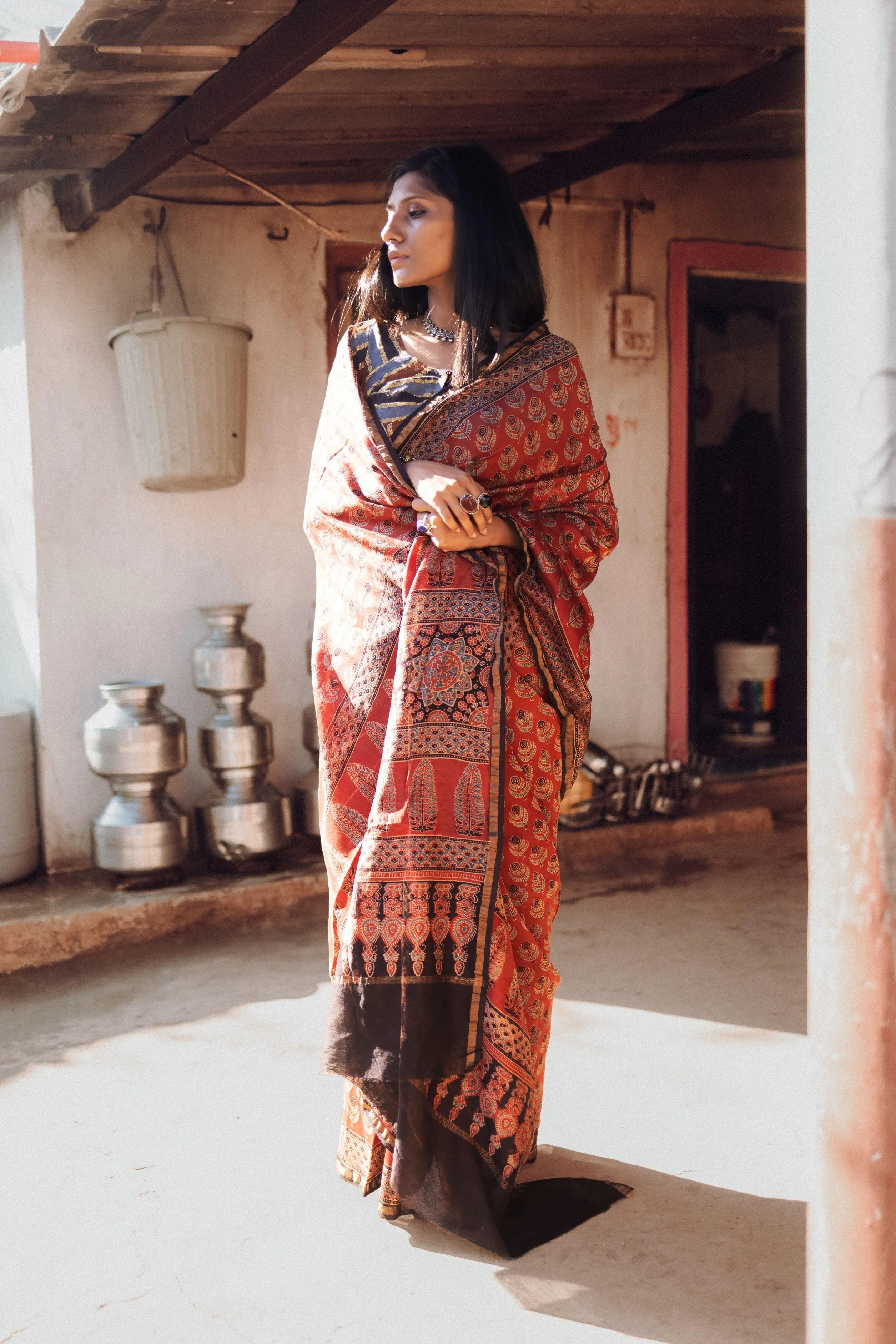 Jharokha -Red silk cotton Ajrakh handblockprinted saree