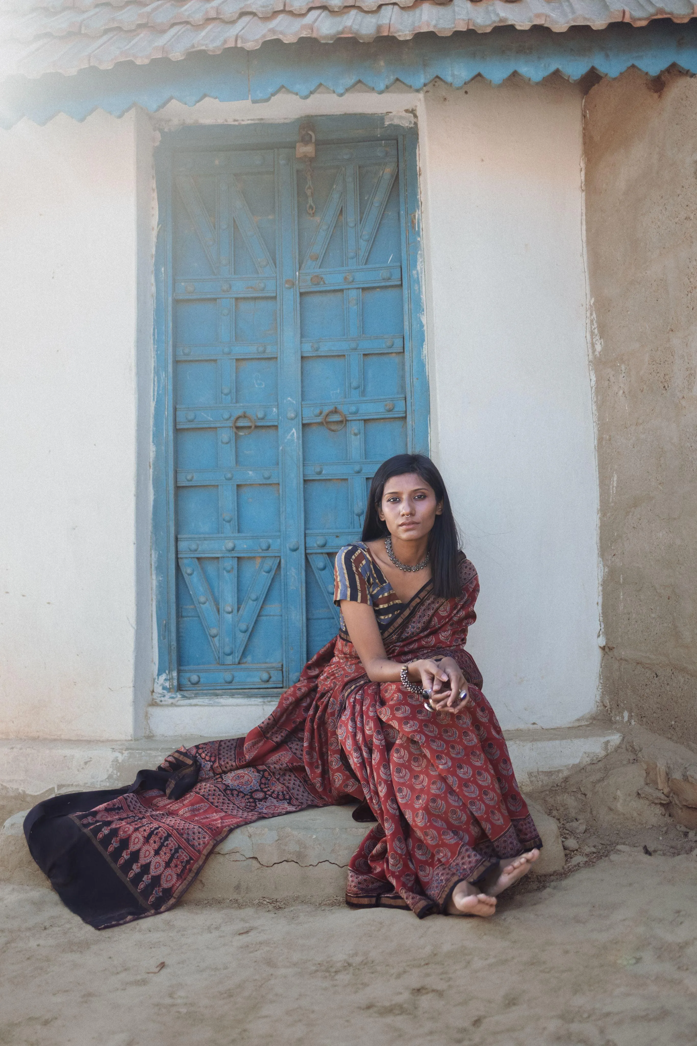 Jharokha -Red silk cotton Ajrakh handblockprinted saree