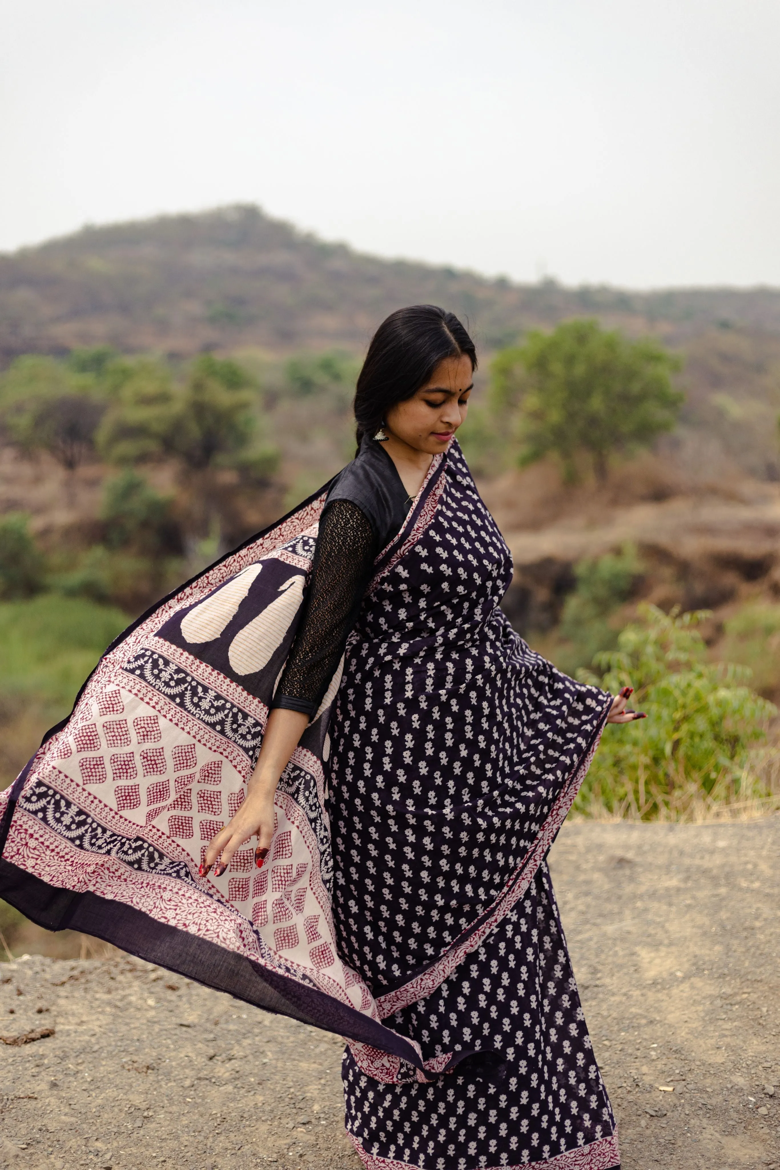 Kaisori Nandana Genda handblockprinted cotton saree