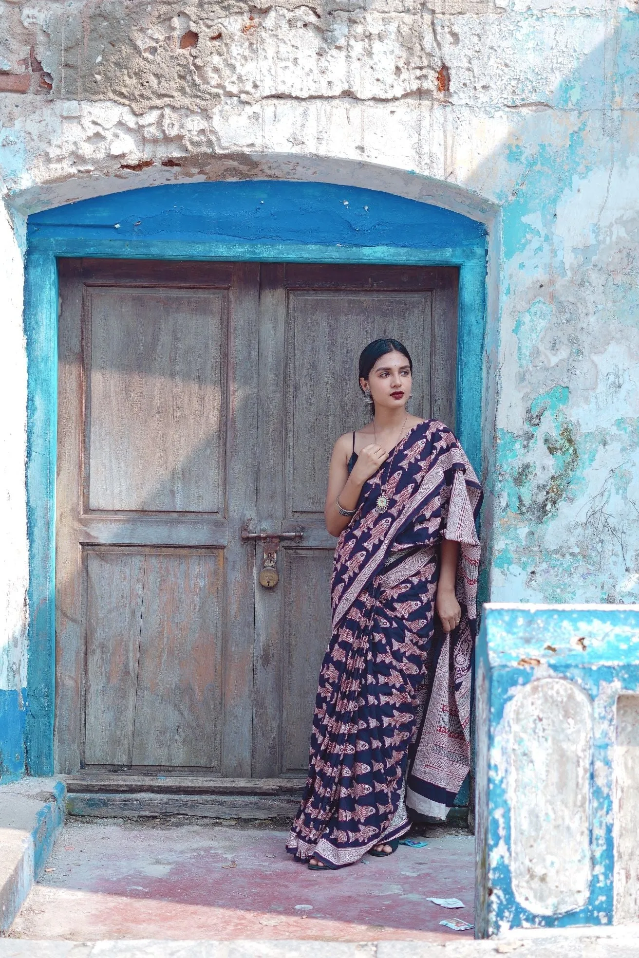 Kaisori Nandana Matsya handblockprinted cotton saree