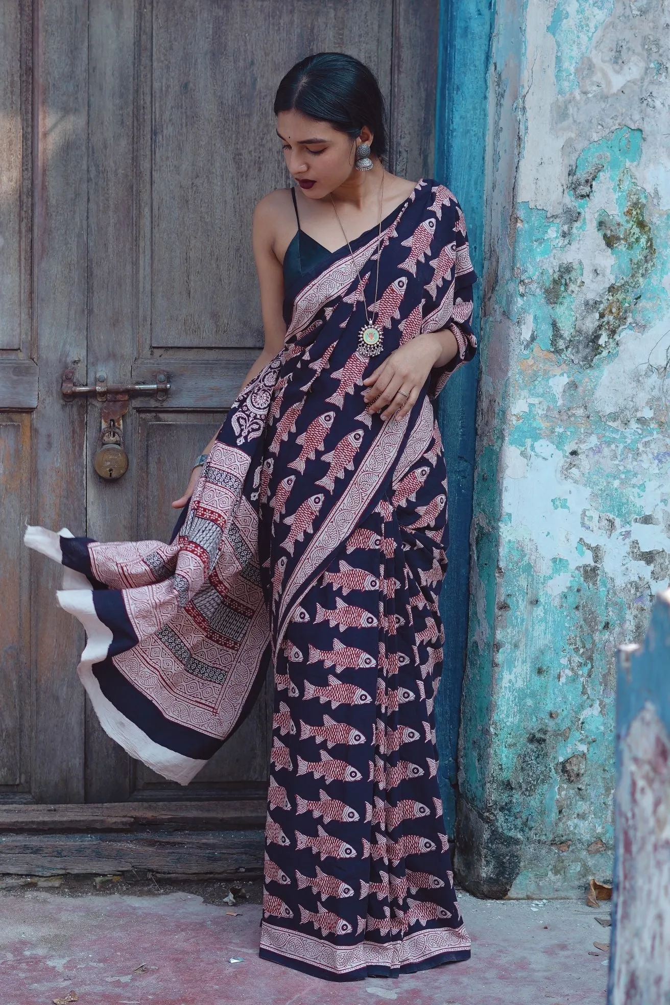 Kaisori Nandana Matsya handblockprinted cotton saree