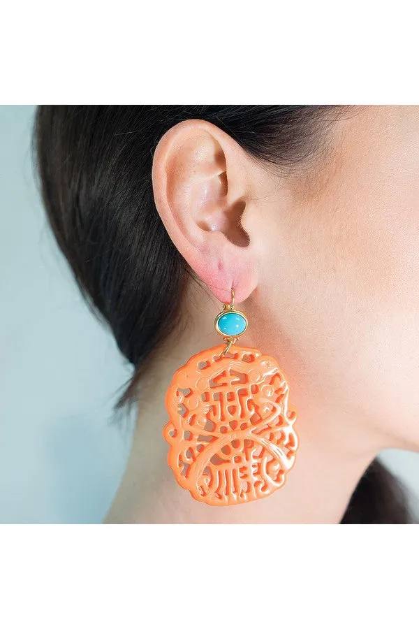 Kenneth Jay Lane Turquoise Top Coral Carved Drop Pierced Earrings