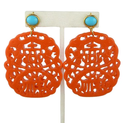 Kenneth Jay Lane Turquoise Top Coral Carved Drop Pierced Earrings