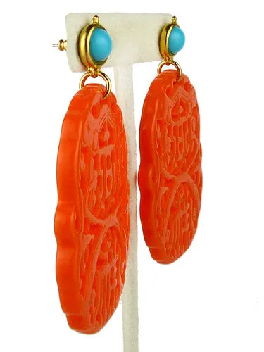 Kenneth Jay Lane Turquoise Top Coral Carved Drop Pierced Earrings