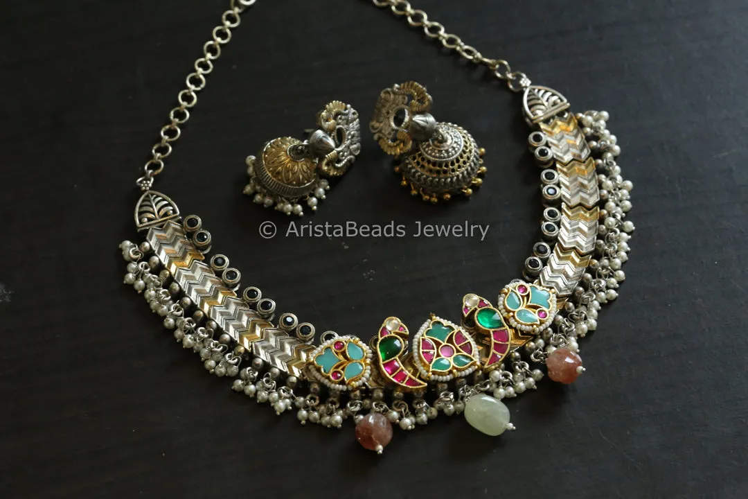 Kundan Fusion Necklace Set - Green Ruby