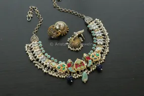 Kundan Fusion Necklace Set - Turquoise Style 2