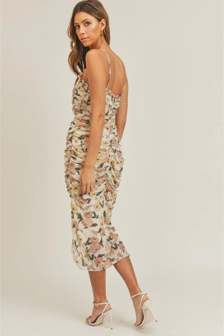 Lauren Florals Ruched Midi Dress