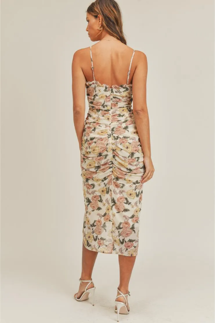 Lauren Florals Ruched Midi Dress