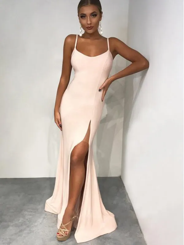 Light Pink Spaghetti Strap Side Slit Sheath Long Cheap Prom Dresses, DB1106