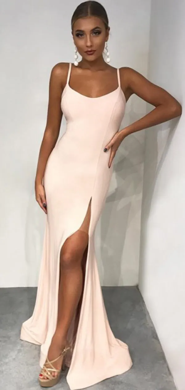 Light Pink Spaghetti Strap Side Slit Sheath Long Cheap Prom Dresses, DB1106