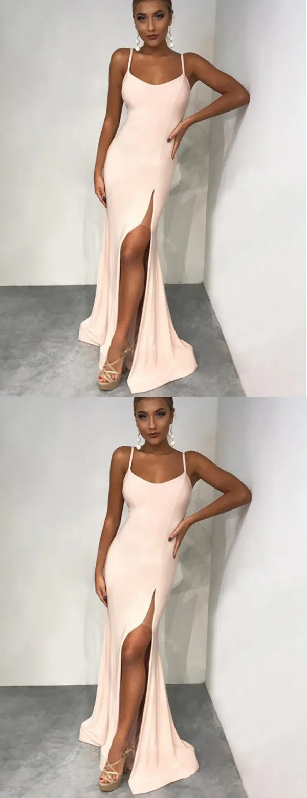 Light Pink Spaghetti Strap Side Slit Sheath Long Cheap Prom Dresses, DB1106