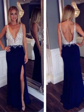 Long Custom Deep V-neck Open Back Side Slit Fashion Newest Sexy Charming Prom Dress,PD0088