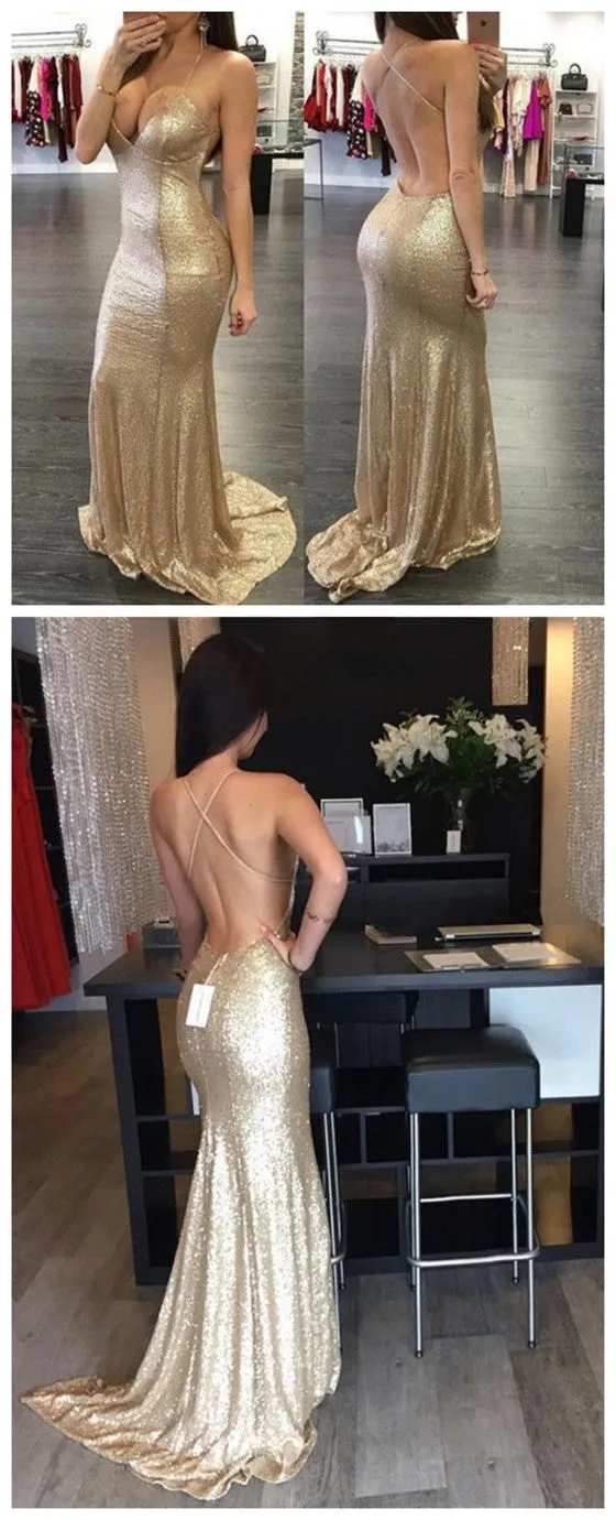 Long Gold Sequined Spaghetti Straps Criss-Cross Backless Mermaid Sexy V-neck Glitter Unique Prom Dresses,PD0075