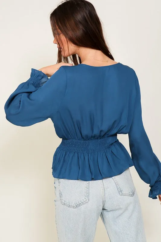 Long Sleeve Chiffon Top With Smocked Waist