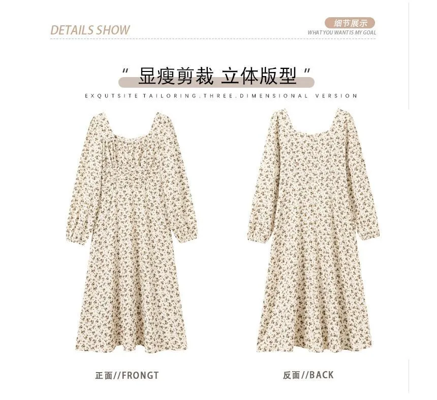 Long-Sleeve Square Neck Floral Print Midi A-Line Dress aa20