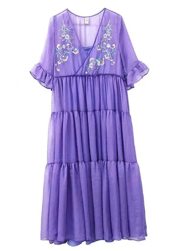 Loose Purple V Neck Embroidered Wrinkled Patchwork Chiffon Dress Summer HA1058