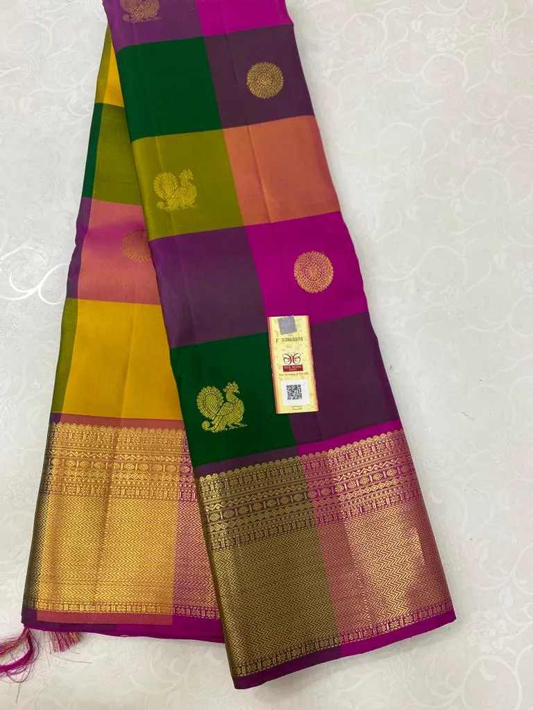 Manormani , Traditional Paazhum Pazham Multicolor Checks With Gold Zari Butties Weaving Kanjivaram Silk Saree -PIY001PP