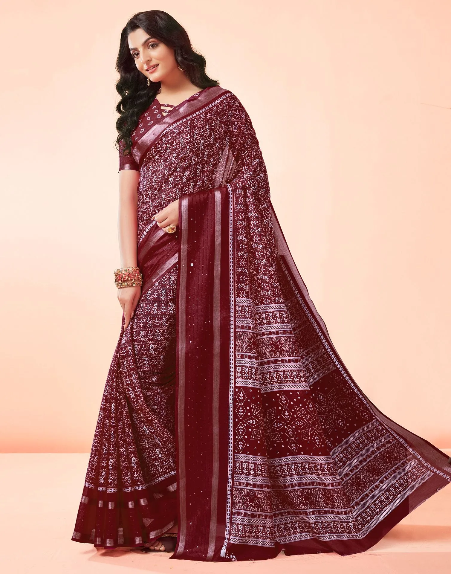 Maroon Printed Cotton Saree