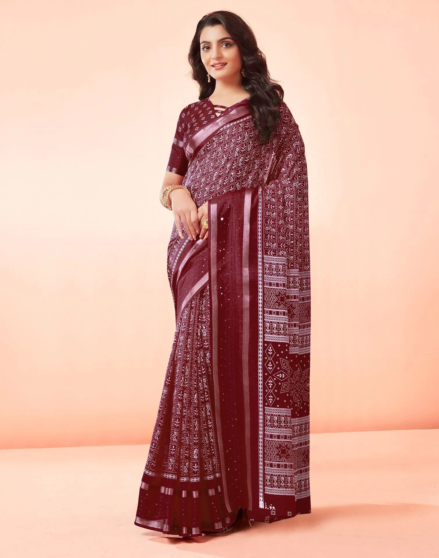 Maroon Printed Cotton Saree