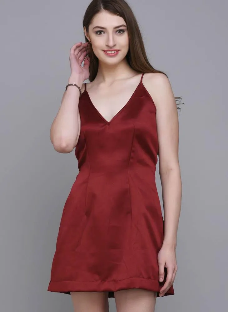 Maroon V-Neck Satin A-line Dress