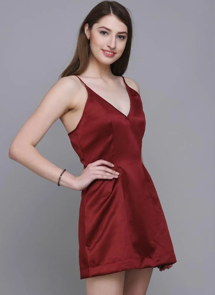 Maroon V-Neck Satin A-line Dress